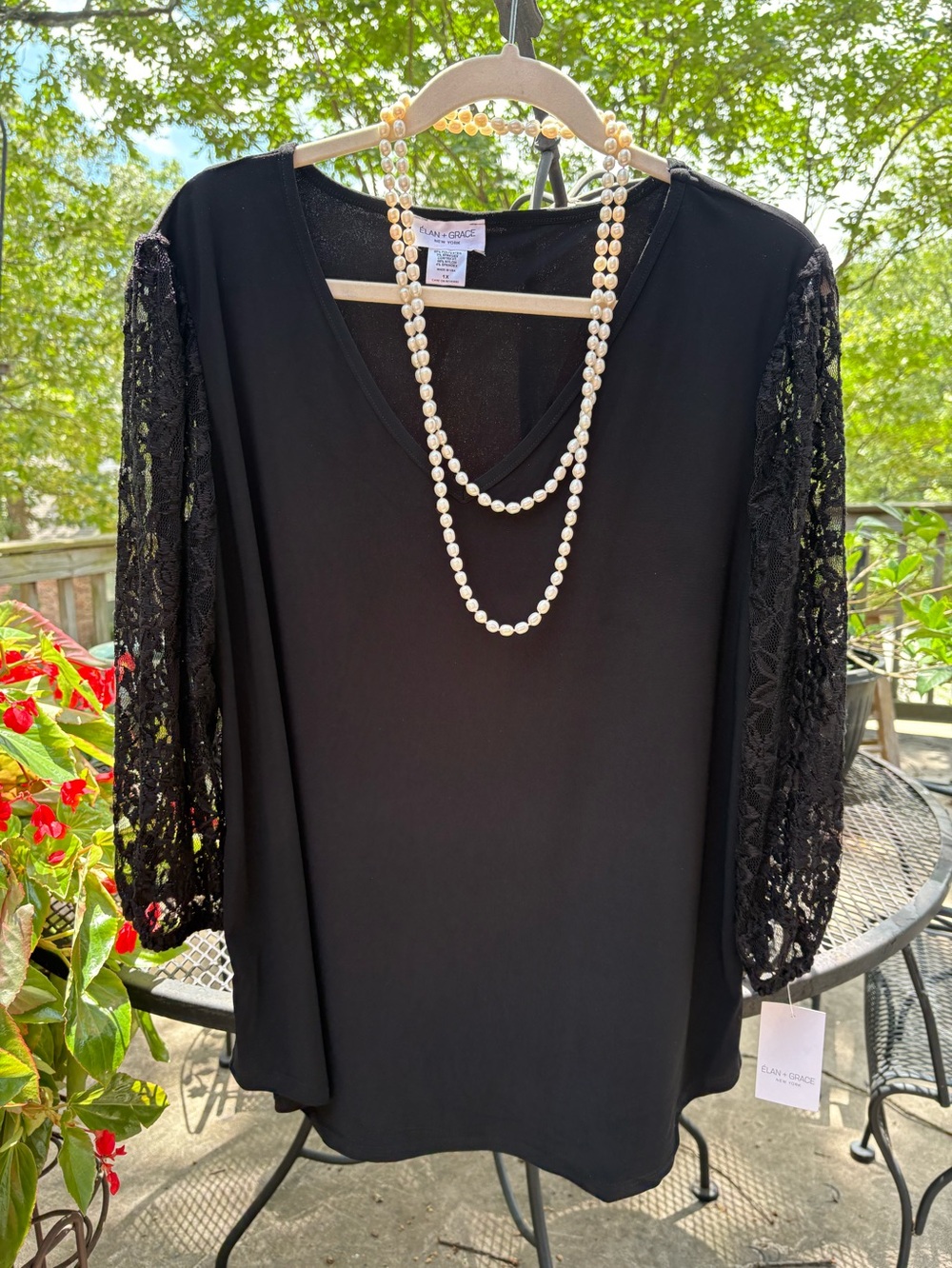 Elan & Grace Black Lace-Sleeve V-Neck Blouse